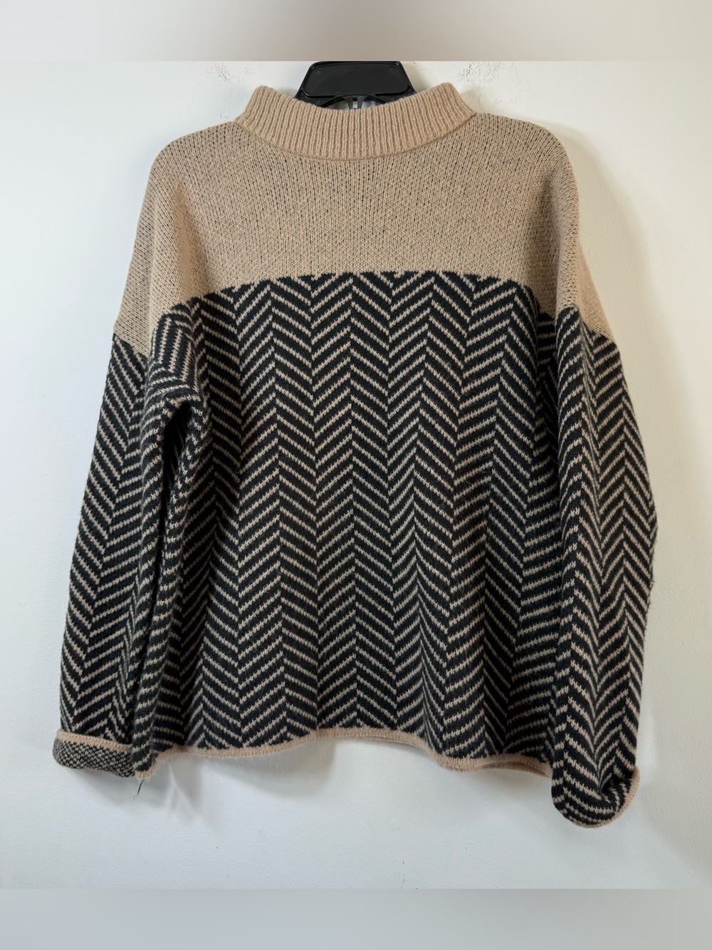 I.N. Studio Petite XL Chevron Knit Mock Neck Sweater Beige Black
